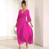 Scarlett|| Solid Color V-neck Bell Sleeve Extra Long Dress