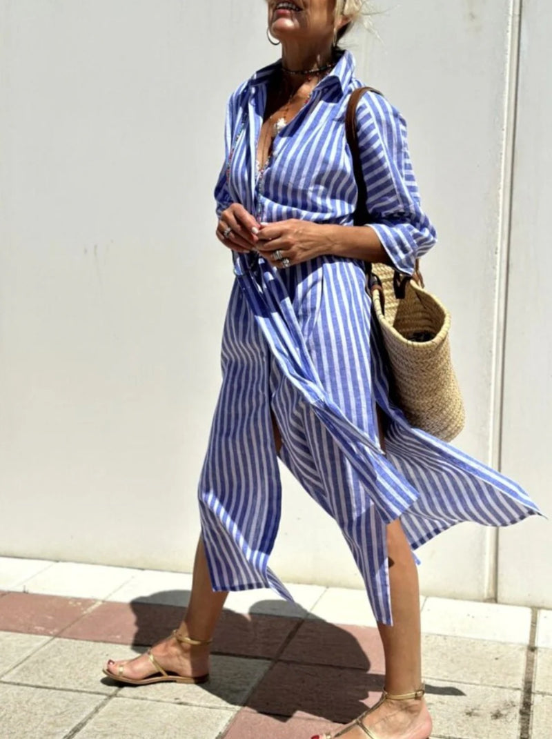 Women's New Half Sleeve Striped Cardigan Dress