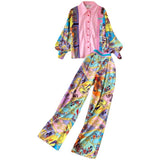 French Retro Print Loose Shirt Trousers Suit