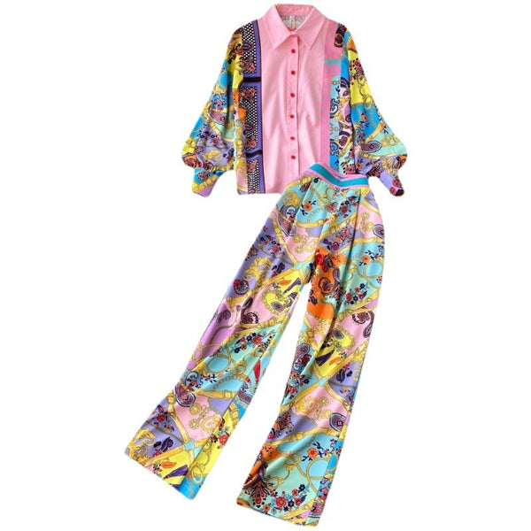 French Retro Print Loose Shirt Trousers Suit