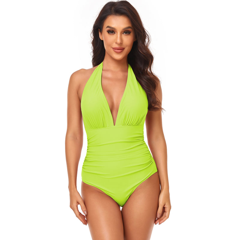 Pleated Neck One-piece Swimsuit