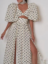 Woman Square-neck Puff Sleeve Top High Waist Slit Polka Dot Printed Dress Suit