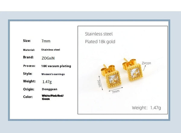 Gold Square Zircon Stud Earrings