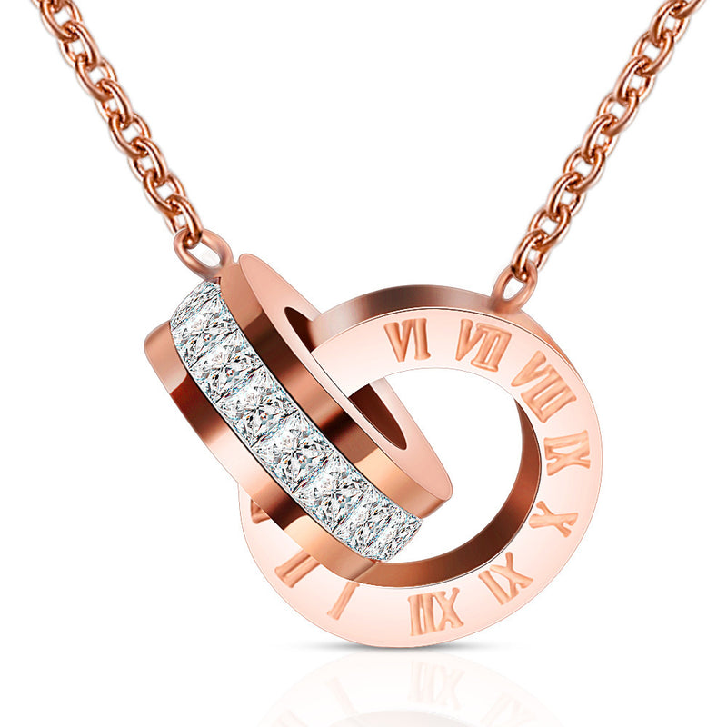 Double Ring Diamond Roman Numeral Necklace