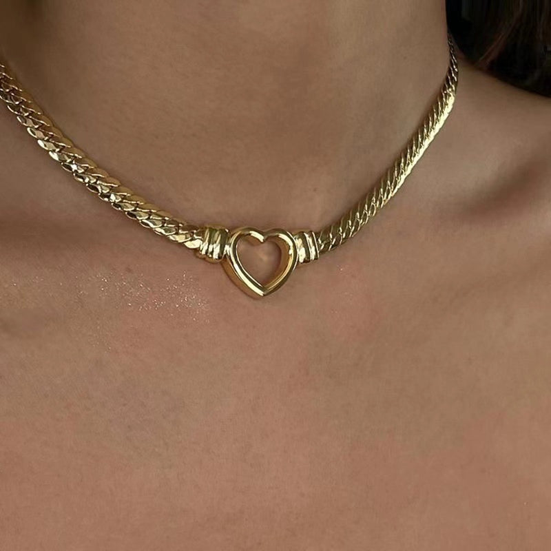 Stainless Steel Cuban Chain Heart Necklace 14K Waterproof