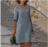 Cotton And Linen V-neck Dress Summer Stitching Retro High Waist Pure Color Dresses