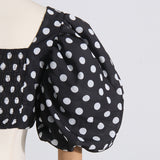 Woman Square-neck Puff Sleeve Top High Waist Slit Polka Dot Printed Dress Suit