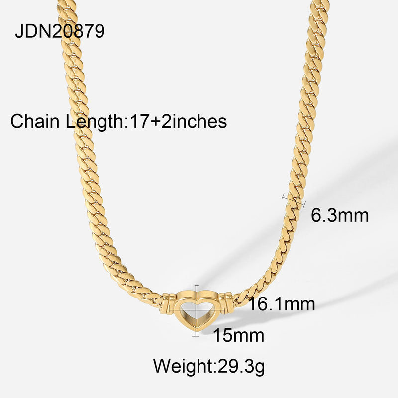 Stainless Steel Cuban Chain Heart Necklace 14K Waterproof