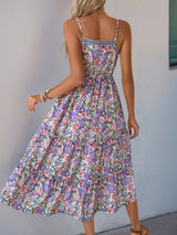 Decor Button Printed Sleeveless Tiered Midi Dress