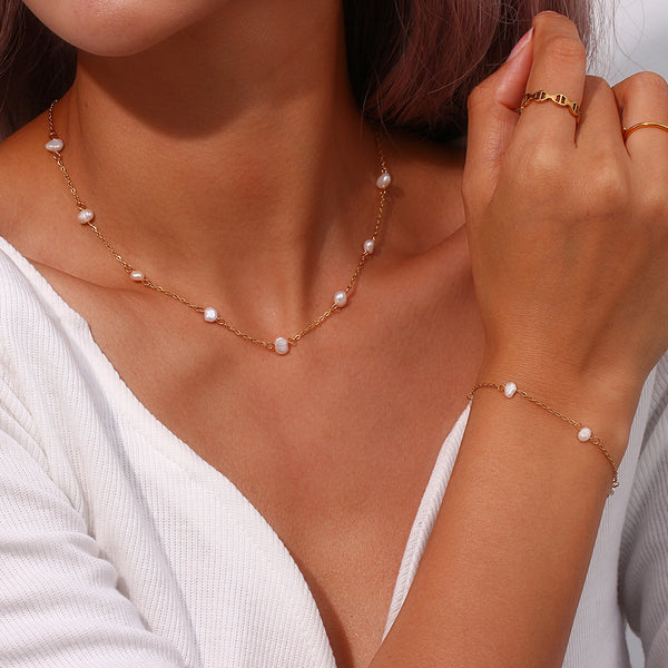 Stainless Steel Pearl Necklace & Bracelet
