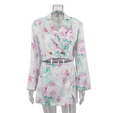 European and American fashion loose suit skirt two-piece set long sleeved lapel top printed high waisted short skirt