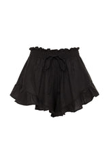 Black shorts with smocked waistband, drawstring tie, and ruffled off-shoulder neckline.