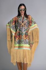 Auric Garden Fringed Satin Kaftan Dress
