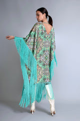 Aqua Bloom Fringed Satin Kaftan Dress