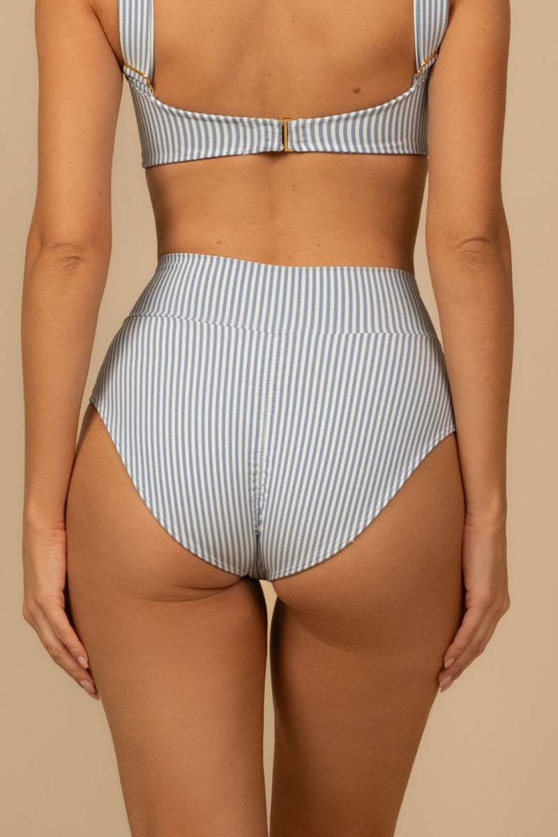Classic Blue Stripe Full Coverage High Rise Bikini Bottom