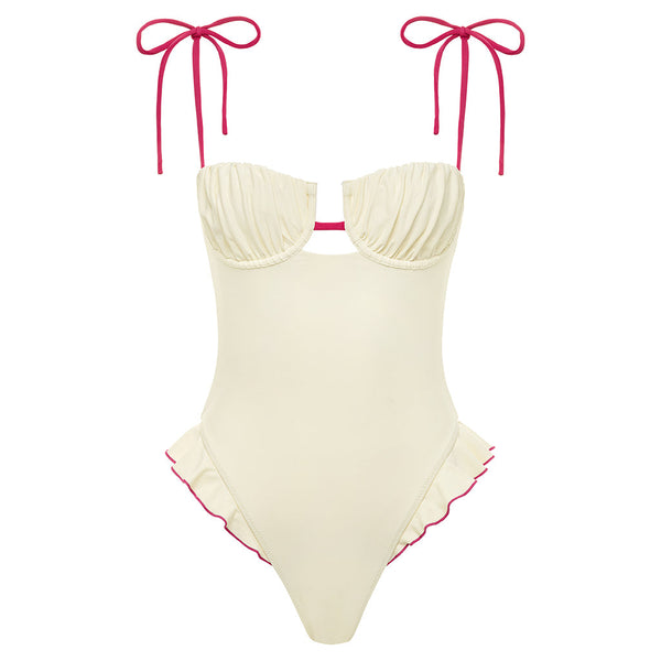 Cream Raspberry Binded Petal Ruffle One-Piece