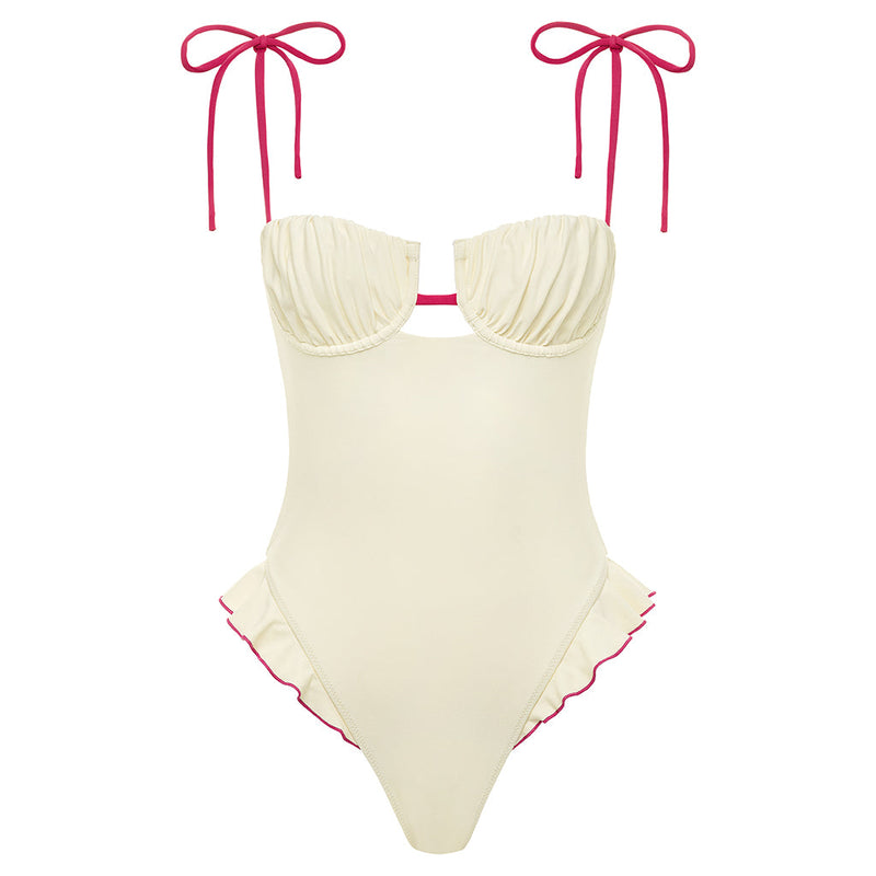 Cream Raspberry Binded Petal Ruffle One-Piece