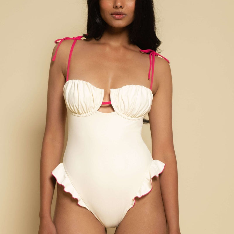 Cream Raspberry Binded Petal Ruffle One-Piece