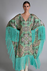 Aqua Bloom Fringed Satin Kaftan Dress