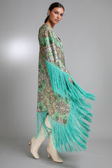 Aqua Bloom Fringed Satin Kaftan Dress