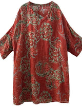 Retro Print Cotton Linen Five-Quarter Sleeve Shirt Women Summer New Loose Slimming Midi V-neck Linen Top Women