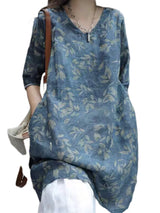 Retro Print Linen Short Sleeve Shirt Dress Women Summer Thin Loose Slimming Casual Cotton Linen Five-Quarter Sleeve Top