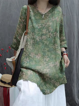 Retro Print Linen Short Sleeve Shirt Dress Women Summer Thin Loose Slimming Casual Cotton Linen Five-Quarter Sleeve Top