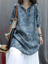 Retro Print Linen Short Sleeve Shirt Dress Women Summer Thin Loose Slimming Casual Cotton Linen Five-Quarter Sleeve Top
