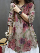 Retro Print Cotton Linen Five-Quarter Sleeve Shirt Women Summer New Loose Slimming Midi V-neck Linen Top Women