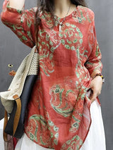 Retro Print Cotton Linen Five-Quarter Sleeve Shirt Women Summer New Loose Slimming Midi V-neck Linen Top Women