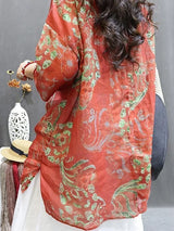 Retro Print Cotton Linen Five-Quarter Sleeve Shirt Women Summer New Loose Slimming Midi V-neck Linen Top Women