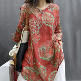 Retro Print Cotton Linen Five-Quarter Sleeve Shirt Women Summer New Loose Slimming Midi V-neck Linen Top Women