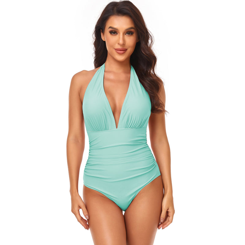 Pleated Neck One-piece Swimsuit