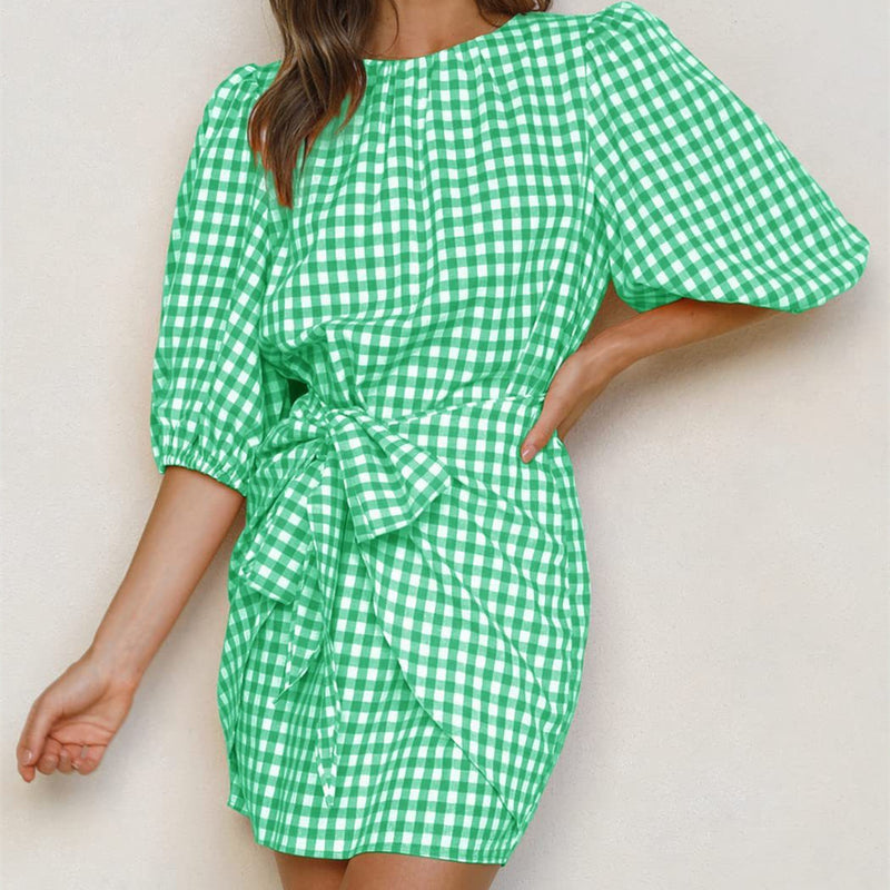 Spring And Summer Plaid Girdle Belt Fold Three-quarter Sleeve Dress Women's Clothing