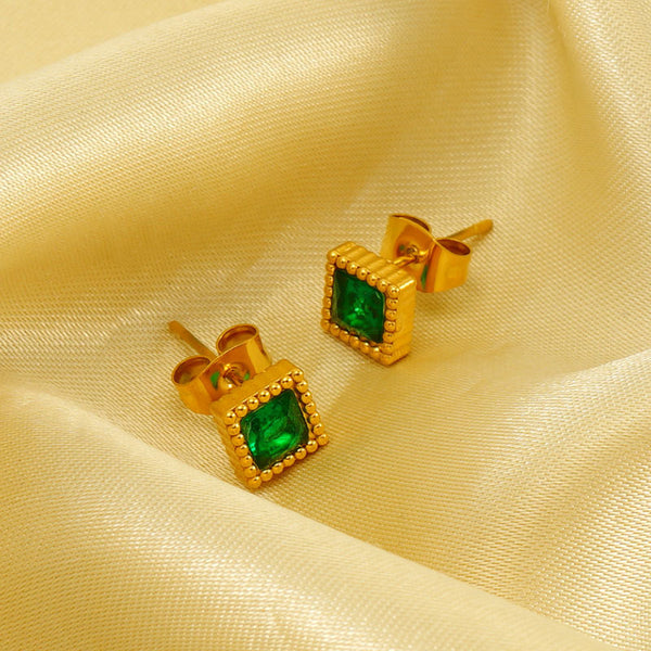 Gold Square Zircon Stud Earrings