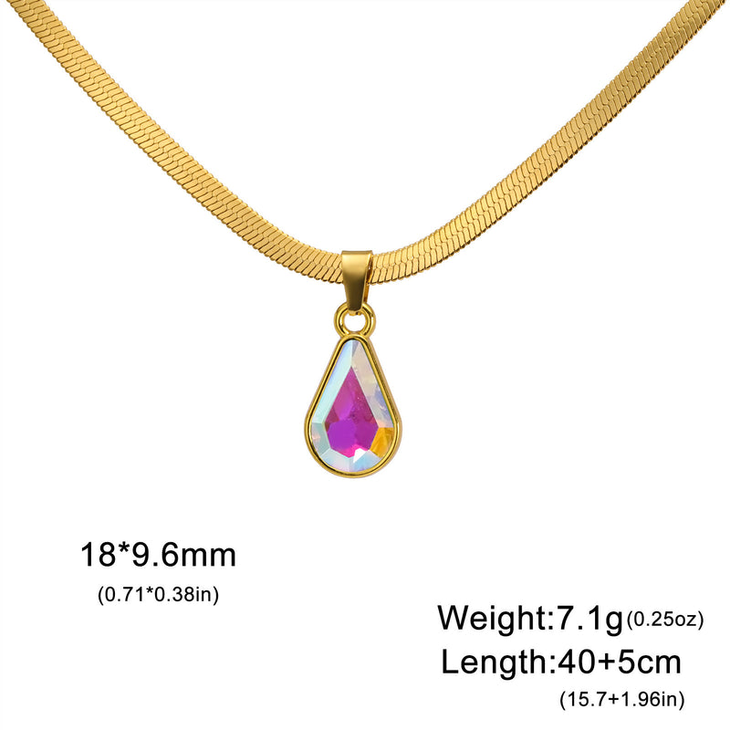 Colorful Crystal Water Drop Pendant Stainless Steel Snake Chain Necklace