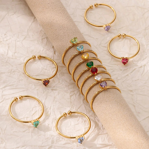 Birthday Stone Ring Titanium Steel Plated 18K Open Adjustable Gold