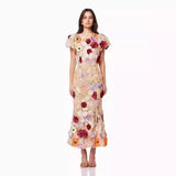 Women's Round Neck Embroidered Three-dimensional Flower Mid-length Dress