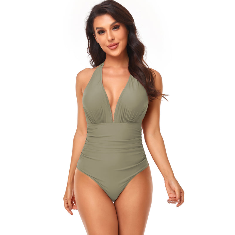 Pleated Neck One-piece Swimsuit