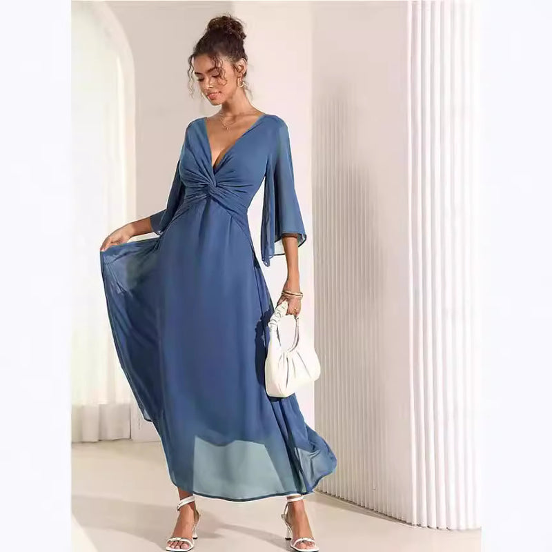 Scarlett|| Solid Color V-neck Bell Sleeve Extra Long Dress