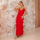 European And American Multi-layer Wooden Ear Backless Halter Long Dress