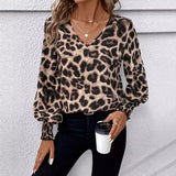 V-neck Leopard Print Loose Long Sleeve Shirt