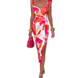 Elegant Spaghetti-strap Floral Print Sleeveless Slit Slim High Waist Sheath Dress