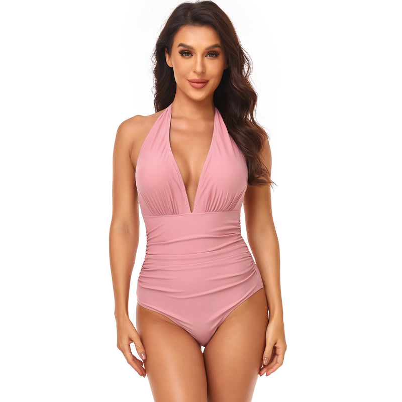 Pleated Neck One-piece Swimsuit