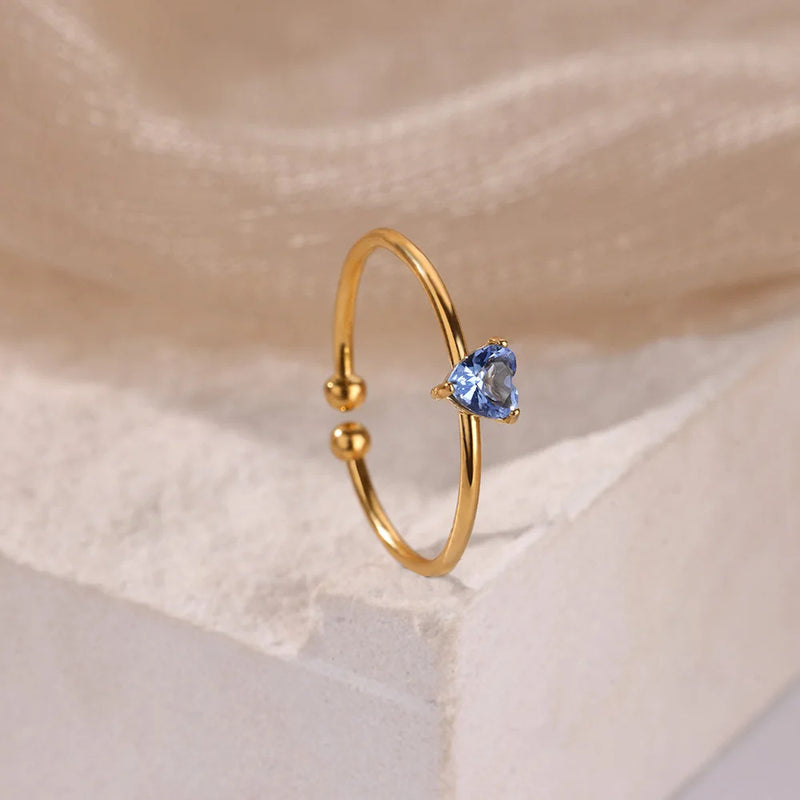 Birthday Stone Ring Titanium Steel Plated 18K Open Adjustable Gold