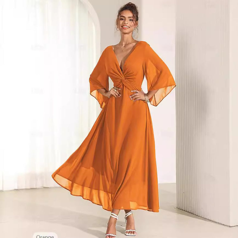 Scarlett|| Solid Color V-neck Bell Sleeve Extra Long Dress