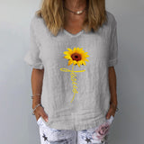 Beach Luxe Elegant Linen Cotton Women Loose Shirt Summer V Neck Short Shirts & Tops Grey A / 2XL