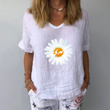 Beach Luxe Elegant Linen Cotton Women Loose Shirt Summer V Neck Short Shirts & Tops White / 2XL