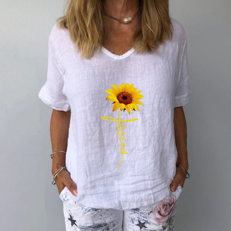 Beach Luxe Elegant Linen Cotton Women Loose Shirt Summer V Neck Short Shirts & Tops White A / 2XL