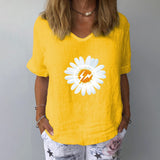 Beach Luxe Elegant Linen Cotton Women Loose Shirt Summer V Neck Short Shirts & Tops Yellow / 2XL